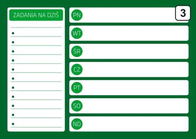 Magnetic dry-erase planner board 243 - Graphic design. Green background with white fields for tasks and days of the week.