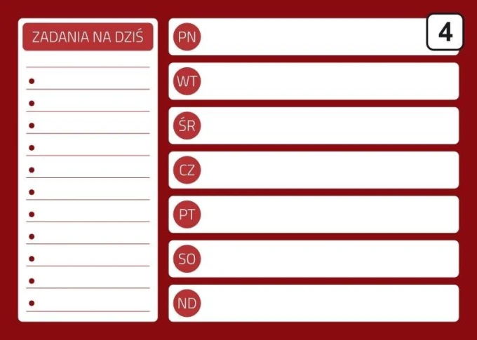 Magnetic dry-erase planner board 243 - Graphic design with red background and white fields for tasks and days of the week.