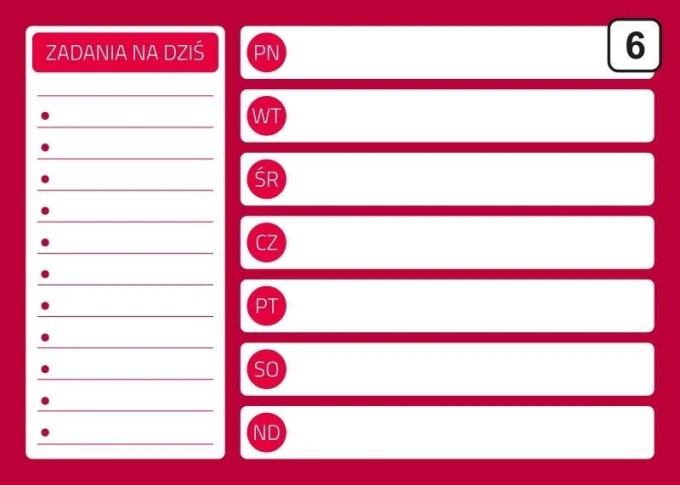 Magnetic dry-erase planner board 243 - Graphic design. Red background with white sections for tasks and days of the week.