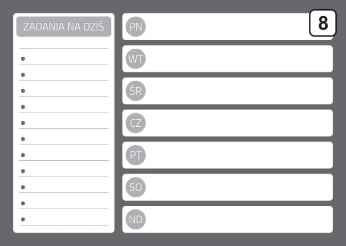 Magnetic dry-erase planner board 243 - Gray background with white fields for tasks and days of the week.