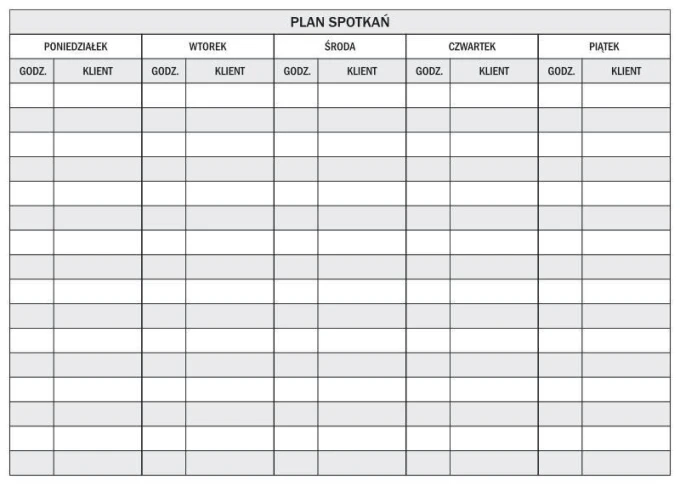 Dry-erase meeting planner board 087 - Graphic design. Simple layout with a grid for hours and days of the week.