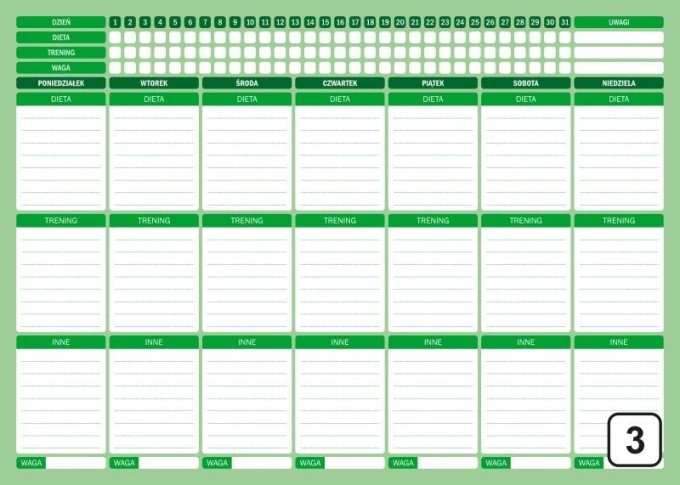 Fitness training planner dry-erase board 258 - Rectangular board with a grid for days and fillable fields.
