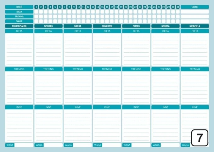 Fitness training planner whiteboard 258 - Graphic design. Simple layout with tables for days of the week and sections.