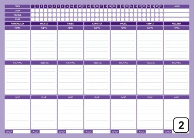 Magnetic dry-erase fitness planner board 258 - Rectangular with a grid for days and sections for diet.