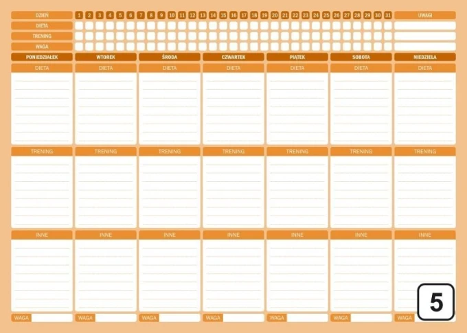 Magnetic fitness dry-erase board 258 - Rectangular design with a grid for days and sections.