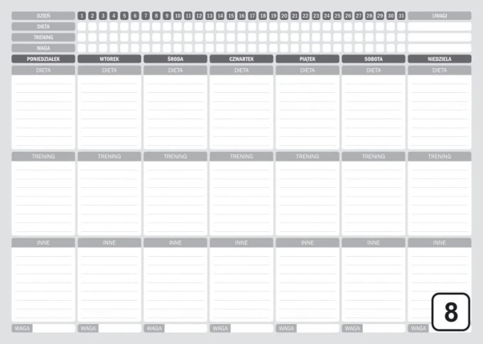 Magnetic dry-erase fitness graphic board 258 - Simple grid with fields for entering the days of the week.