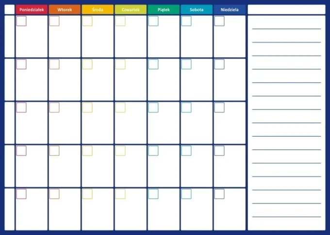 Weekly dry-erase planner board 261 - Graphic design with a simple grid, colorful day headers, and blank fields.