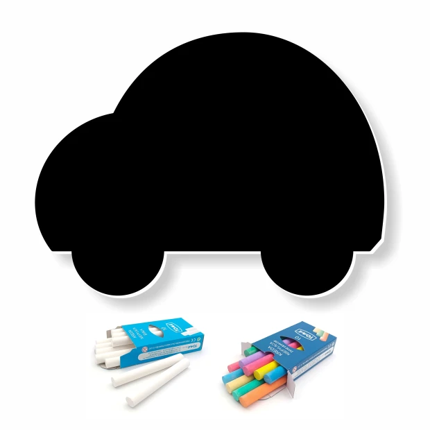 Chalkboard for kids in car shape with colorful chalks included.
