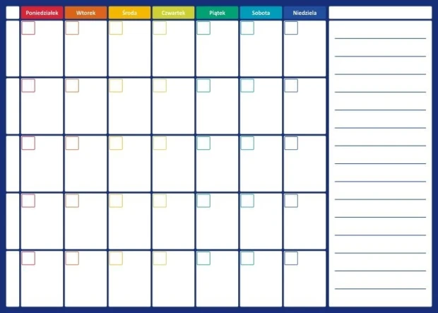 Weekly magnetic dry-erase planner board 261 - Graphic design. Simple layout with rectangles for each day of the week.