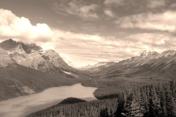 Blue lake wall mural in a mountain valley FP 1424 - Graphic design featuring a lake surrounded by mountains.