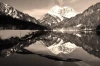 Wall mural of enchanting snowy mountains FP 1430 - Graphic design. Mountain reflected in water, surrounded by trees and snow.