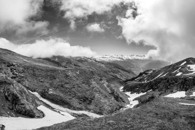 Melting mountain snow wall mural FP 1615 - Graphic design featuring mountains with melting snow and clouds.