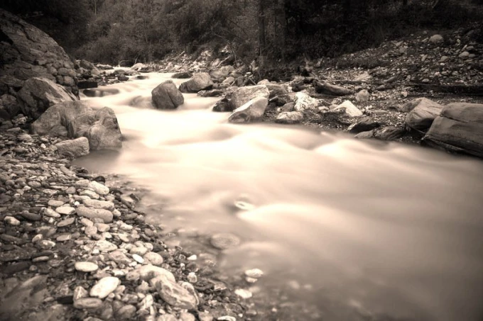 Wall mural magical river FP 1663 - Graphic design. River with stones surrounded by trees and smooth water.