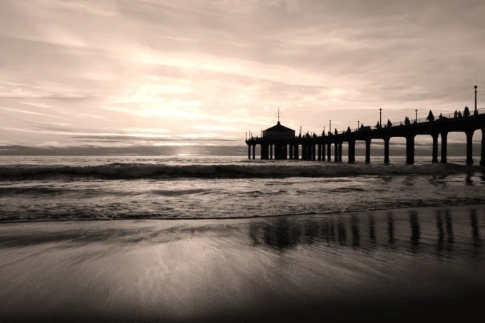 Wall mural of a beautiful pier at sunset FP 1679 - Graphic design featuring pillars, waves, and sunset.