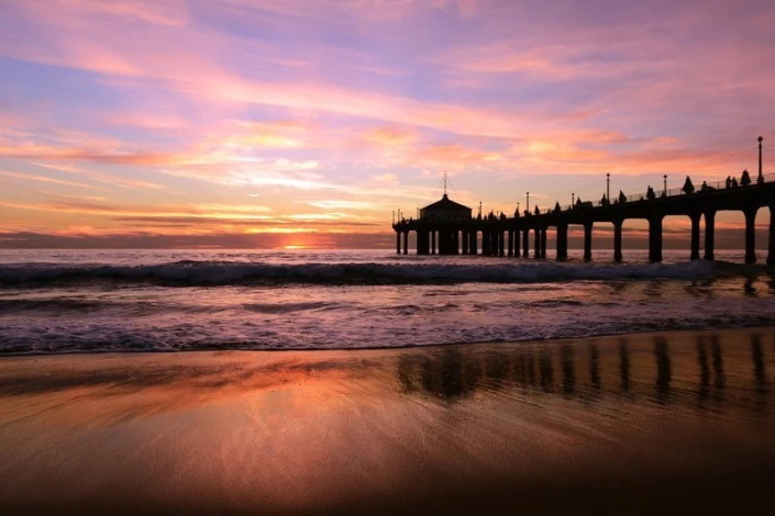Wall mural of a beautiful pier at sunset FP 1679 - Graphic design featuring a pier against a colorful sky and waves.
