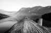 Wooden pier wall mural with a lake view FP 1826 - Graphic design featuring a pier in the foreground, lake, and mountains.