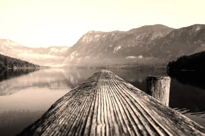 Wooden pier wallpaper with a lake view FP 1826 - Graphic design. The wooden pier leads to the lake.