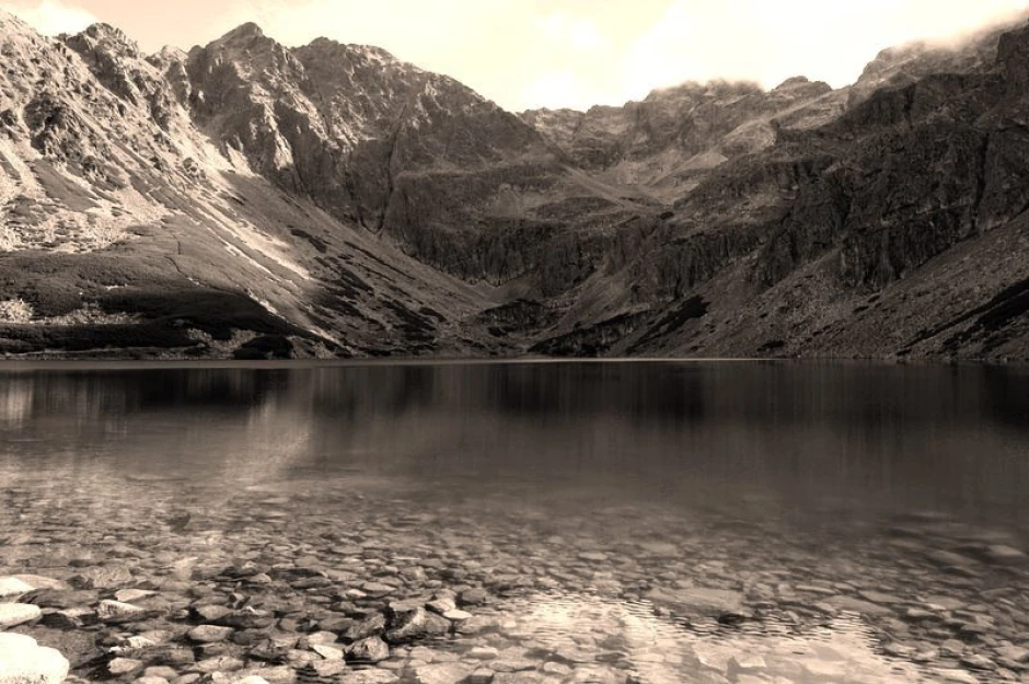 Mirror lake wall mural FP 1863 - Graphic design featuring mountains, a lake, and stones.