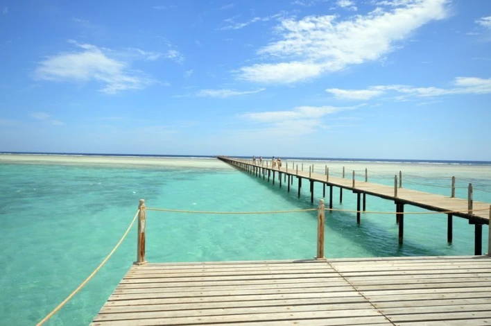 Wall mural of a pier extending into the ocean FP 1842 - Graphic design. The pier leads into turquoise water under a blue sky.