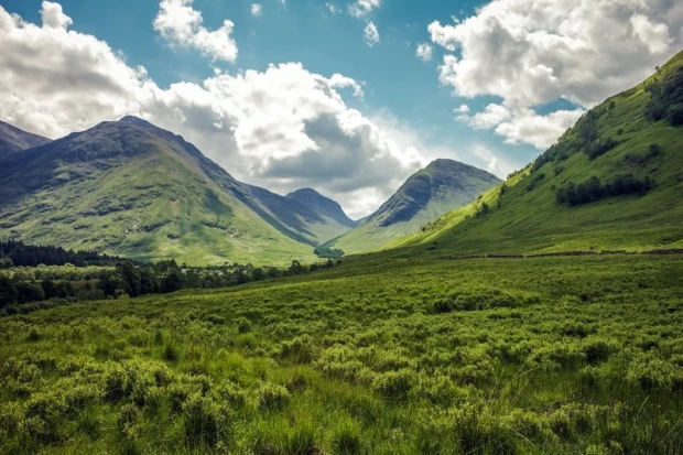 Wall mural delicate face of mountains FP 1885 - Graphic design. Mountains in various shades of green with a blue sky.