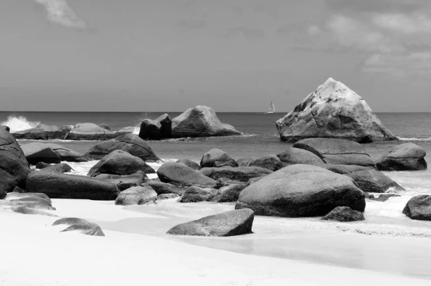Wall mural of picturesque beach rocks FP 1901 - Graphic design featuring rocks in various shapes with the sea in the background.