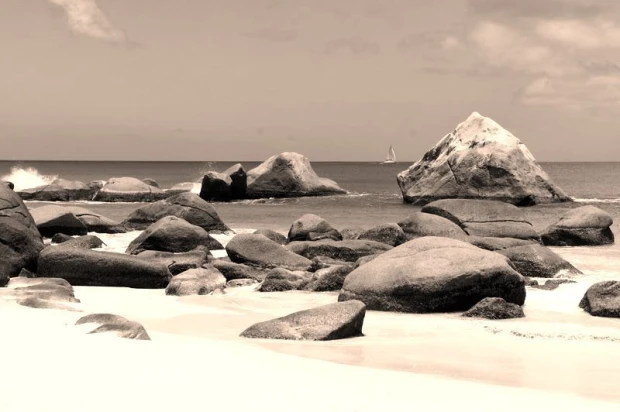 Wall mural of picturesque beach rocks FP 1901 - Graphic design. Various shaped rocks on the beach with the sea in the background.