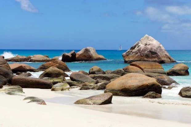 Wall mural of picturesque beach rocks FP 1901 - Graphic design featuring uniquely shaped rocks against blue water.