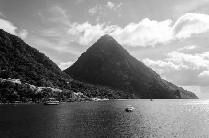 Scenic island shore wall mural FP 1898 - Graphic design featuring a mountainous landscape with water and clouds.
