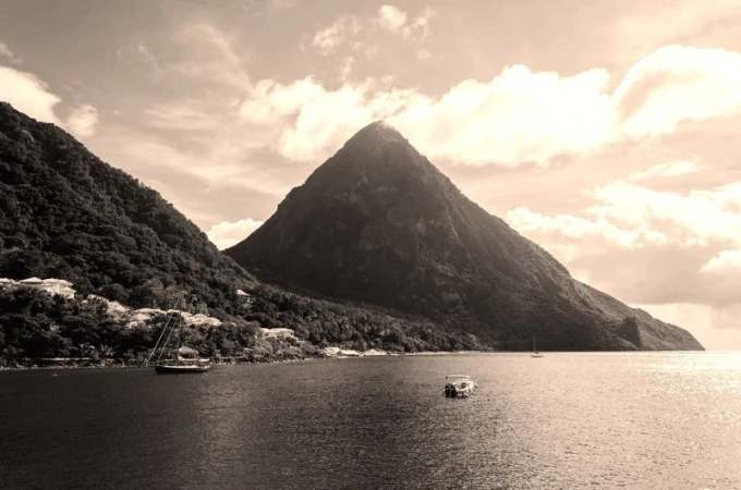 Scenic island shore wall mural FP 1898 - Graphic design featuring a conical mountain, water, and clouds.