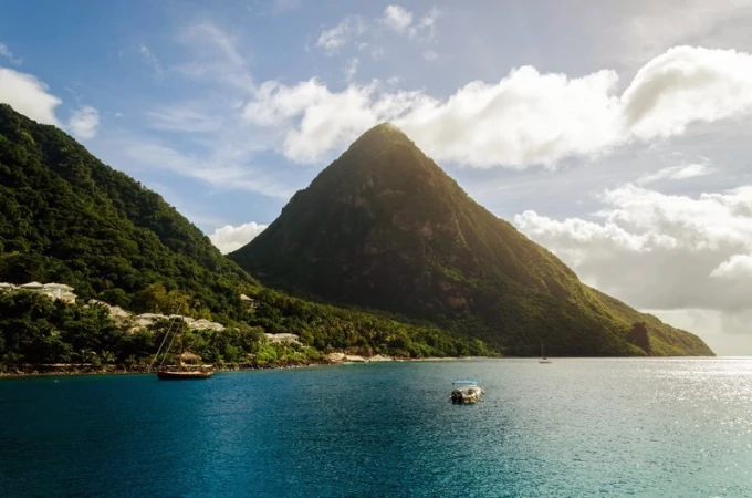 Scenic island shore wall mural FP 1898 - Graphic design featuring water, mountains, clouds, and boats against the sky.