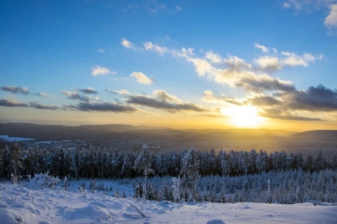 Winter sunset wall mural FP 1940 - Graphic design featuring a snowy landscape with a setting sun.
