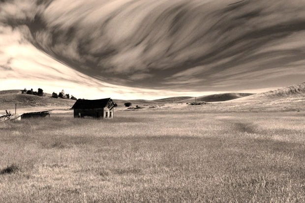 Wall mural of a fairy-tale sky over a meadow FP 2008 - Graphic design featuring clouds and a landscape with a house.