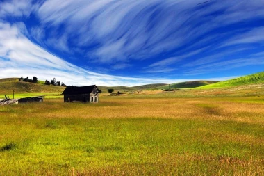 Wall mural Fairy Sky over the Meadow FP 2008 - Graphic design. Blue sky with white clouds above green grass.