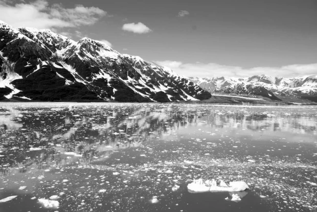 Wall mural Alaska mountain view FP 2090 - Graphic design. Glacier peaks reflected in water, surrounded by nature.