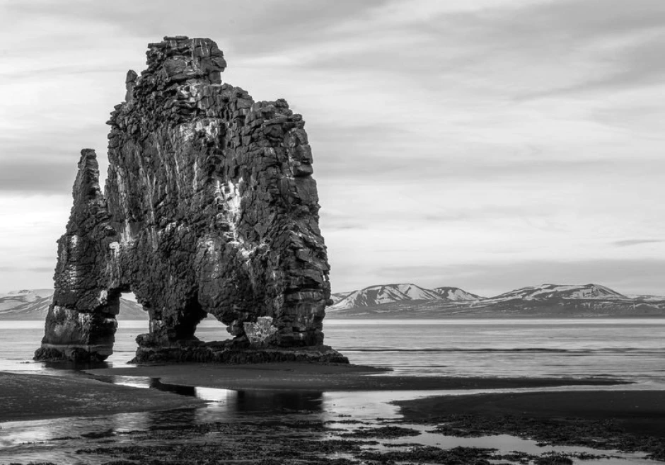 Wall mural Lonely Rock FP 2034 - Graphic design. Large dark rock shaped like an animal against a backdrop of water and mountains.