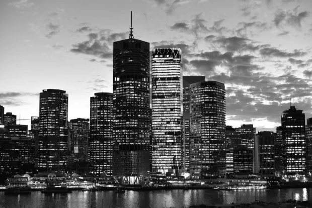 City evening wall mural FP 2135 - Graphic design featuring building silhouettes in monochrome colors.