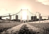Wall mural of the Golden Gate Bridge FP 2128 - Graphic design featuring the bridge with a city view in black and white.