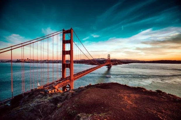 Wall mural Golden Gate view FP 2255 - Graphic design. Orange bridge against a backdrop of sky and water.