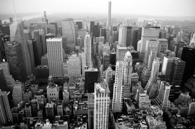 New York wall mural featuring a bird\'s-eye view of densely built skyscrapers, graphic design FP 2295.