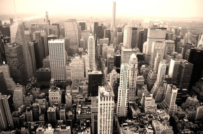 New York wall mural featuring a bird\'s-eye view of densely built skyscrapers, graphic design FP 2295.