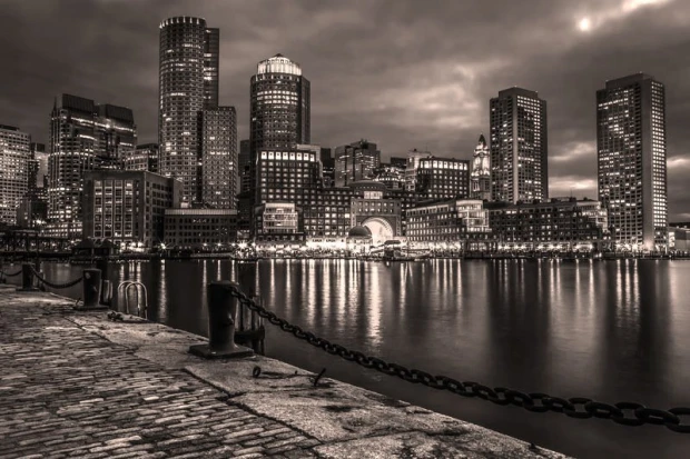 Wall mural stunning city at night FP 2251 - Urban setting with gray buildings reflecting in water.