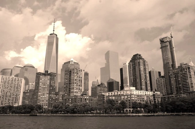 City skyline wallpaper from a ship FP 2269 - Graphic design featuring tall buildings.