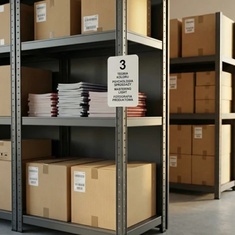 A4 magnetic dry-erase board for shelves - Warehouse setup. Gray walls and shelving units.