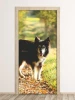 Door wallpaper featuring a dog on a walk, styled in a bright room with neutral-colored walls and wooden accents.