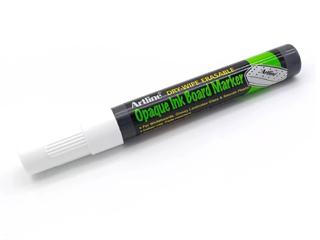 White dry-erase marker - Graphic design. Simple shape, cylindrical form, white tip, and black casing.