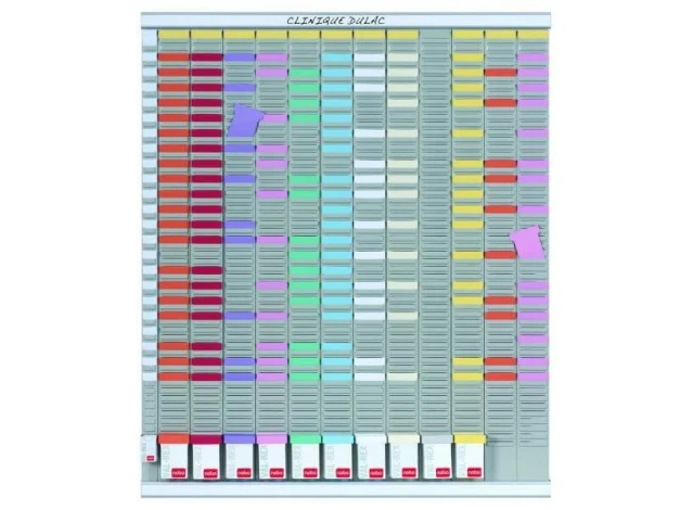 Large annual T-Card planner (12 columns x 54 rows) - Graphic design with rectangular panels in various colors and windows.