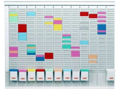 Annual T-Card planner (12 columns x 32 rows) - Graphic design with simple rectangles in various colors on a white background.
