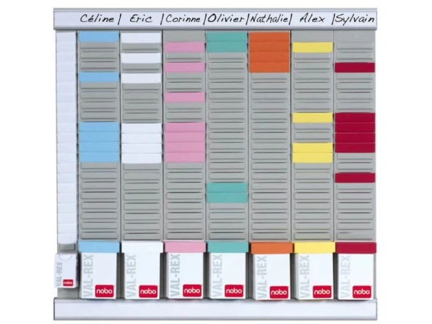 Weekly T-Card planner - Graphic design. Rectangular panels with windows in various colors.