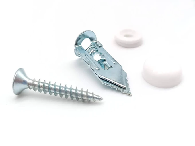 Drywall mounting system - Graphic design. Metal and plastic components in various shapes.