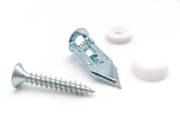 Drywall mounting system - Graphic design. Metal and plastic components in various shapes.